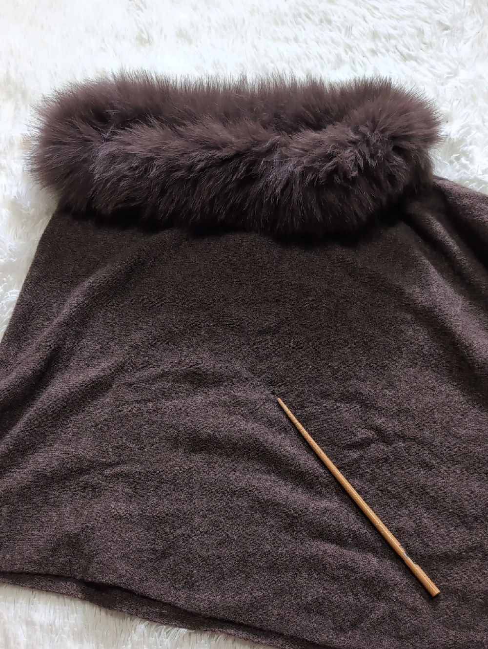 Alashan 100% Cashmere Fox Trim Brown Poncho Topper Lightweight Sweater - Picture 6 of 12